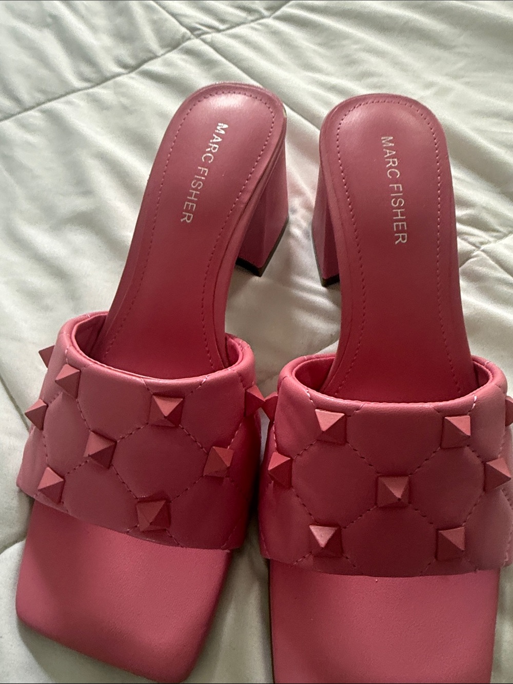 Marc Fisher Rose Pink Studded Quilted Block Heel Mules